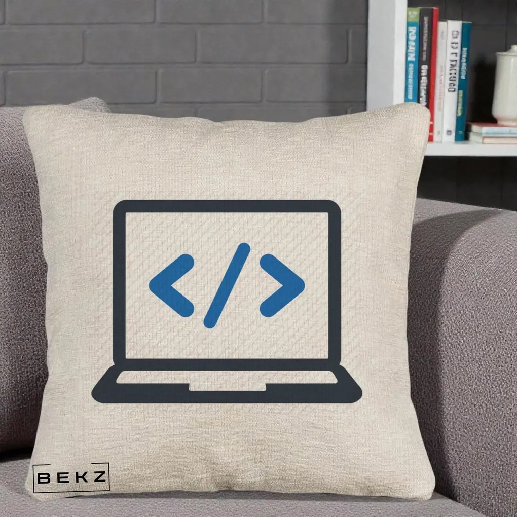 Perna Personalizata Laptop Cod HTML, 40x40 cm, Bej Canapea, Husa Detasabila, Perna Inclusa, BEKZ®