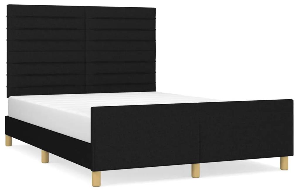 Cadru de pat cu tablie, negru, 140x190 cm, textil Negru, 140 x 190 cm, Benzi orizontale
