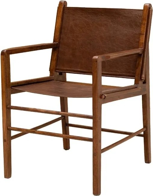 Scaun de dining din piele maro, cu structură din lemn de acacia, finisaj natural lucios, 90×60×66 cm, „Arius"