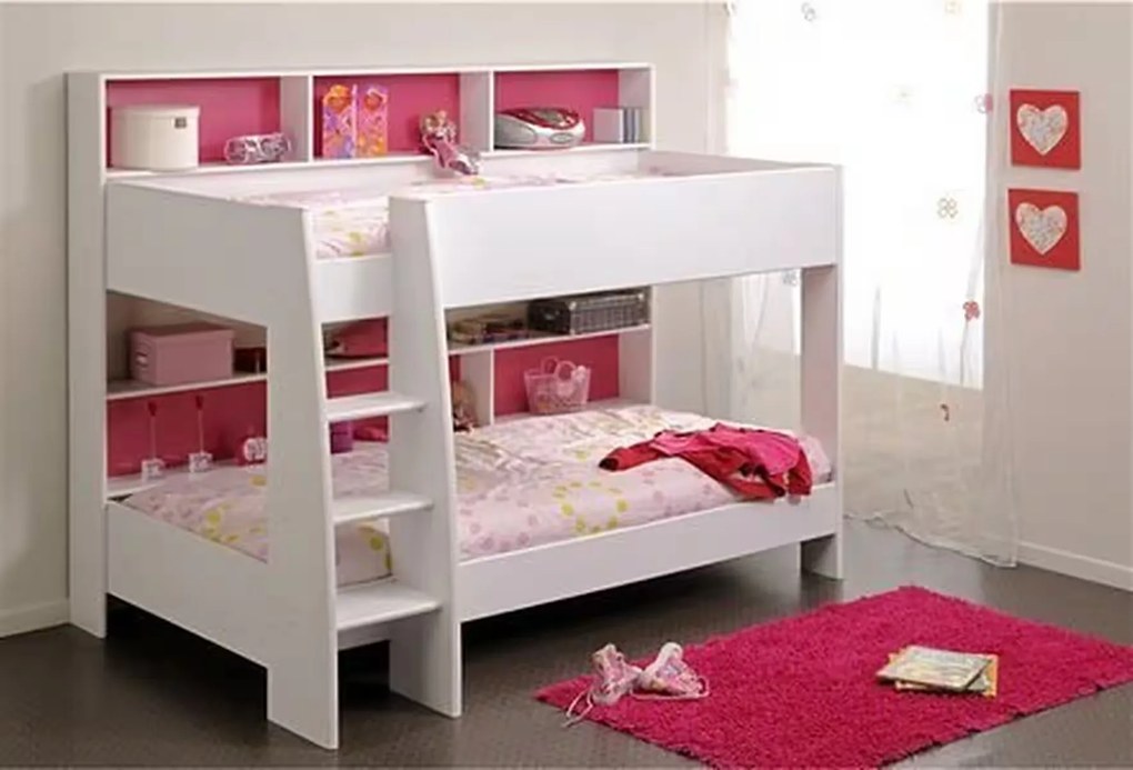 Pat supraetajat, culoare alb, accesorii roz sau albastre, 90/200 cm