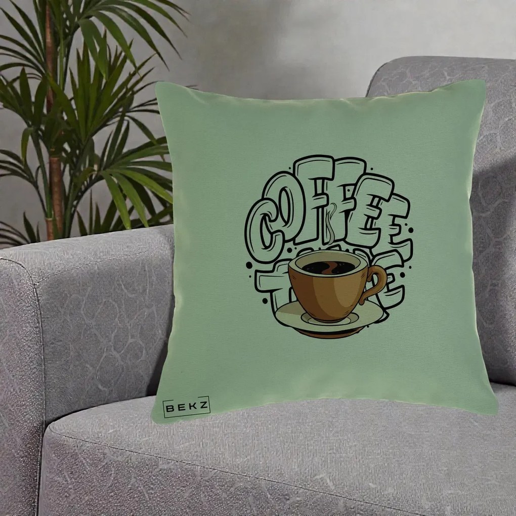 Perna Personalizata COFFEE cu Cana, 40x40 cm, Verde, Husa Detasabila, Perna Inclusa, BEKZ®