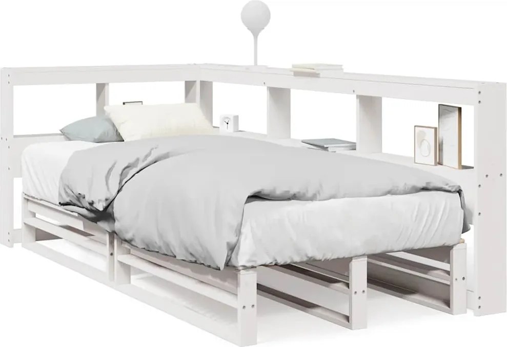 vidaXL Pat cu bibliotecă fără saltea, alb, 90x200 cm, lemn masiv pin