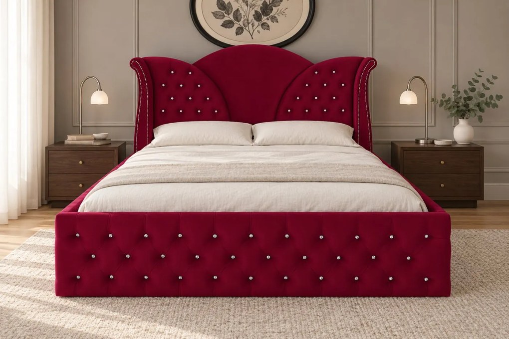 Pat tapițat Chesterfield din catifea Velora Deluxe 180×200 cm, vișiniu, cu ladă de depozitare