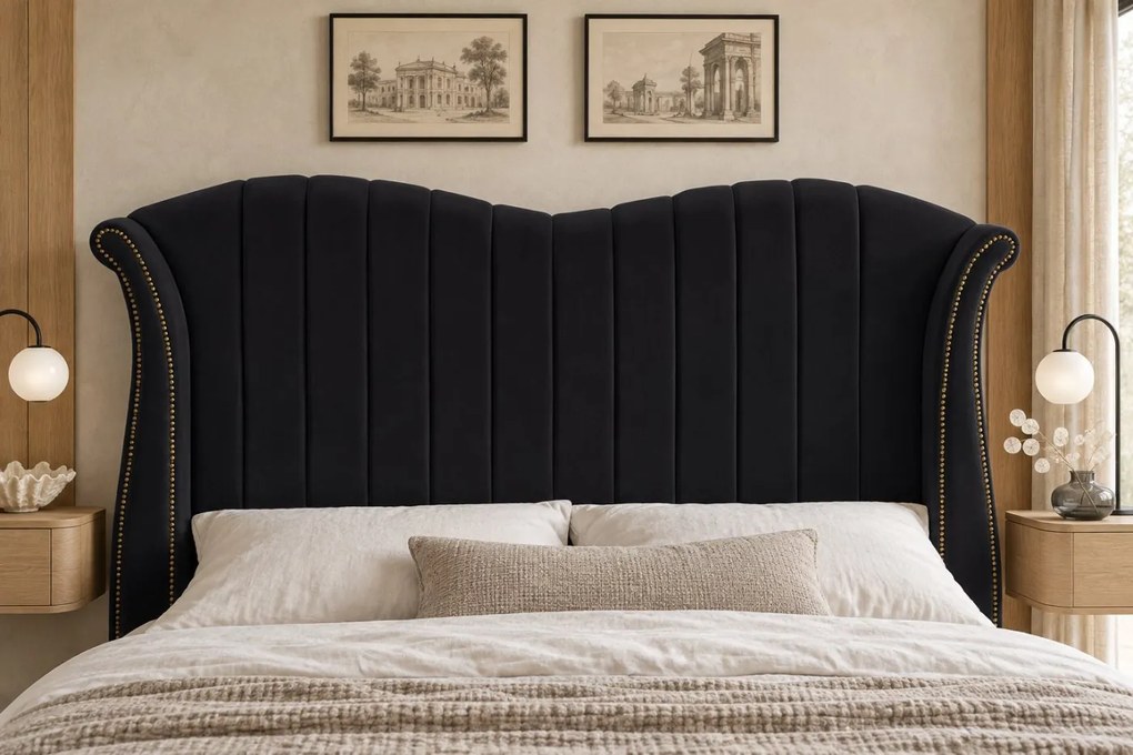 Pat tapițat din catifea Alora 140×200 cm, negru, cu ladă de depozitare