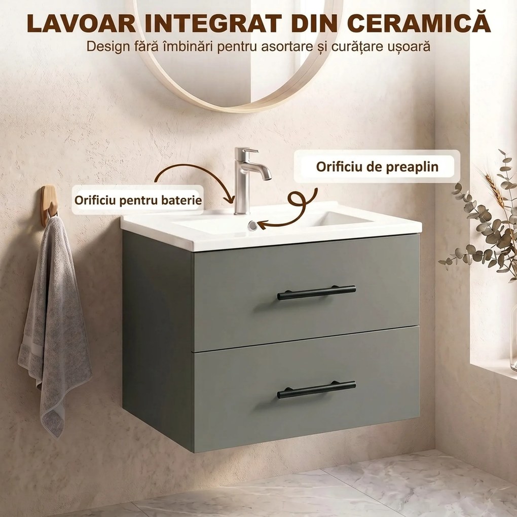 HOMCOM Dulap pentru Baie cu Lavoar din Ceramică, 2 Sertare, 61 x 40 x 48 cm, Verde | Aosom Romania