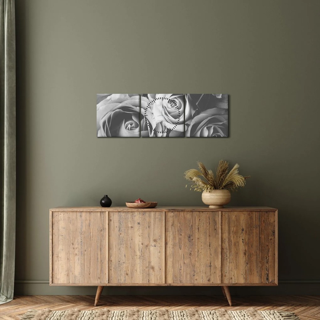 Tablou - Trandafir,alb-negru (cu ceas) (90x30 cm)