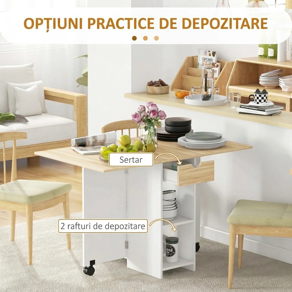 HOMCOM Masă de Dining Pliabilă cu Sertar și Rafturi, Masă Economică cu Extensii pentru Bucătărie, Sufragerie, Living, Stejar | Aosom Romania