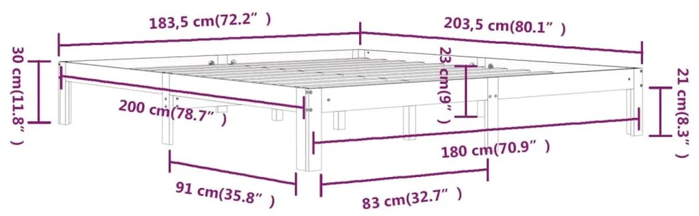 Cadru de pat Super King 6FT, gri, 180x200 cm, lemn masiv Gri, 180 x 200 cm