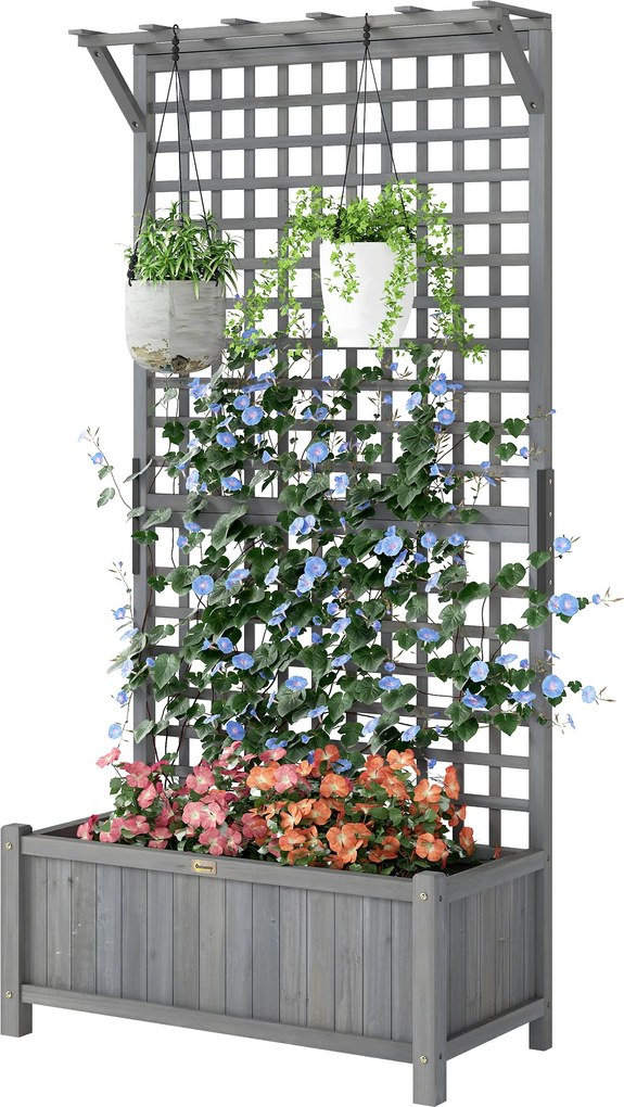 Outsunny Jardinieră înălțată cu spalier și acoperiș, cutie de plantare, pat de flori, rezistent la intemperii, lemn, 90 x 45 x 183 cm, gri închis | Aosom Romania