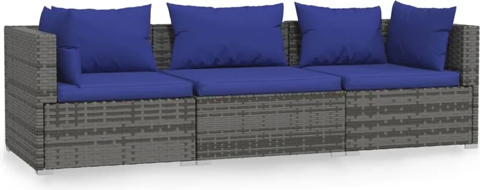 vidaXL Canapea cu 3 locuri, cu perne, gri, poliratan