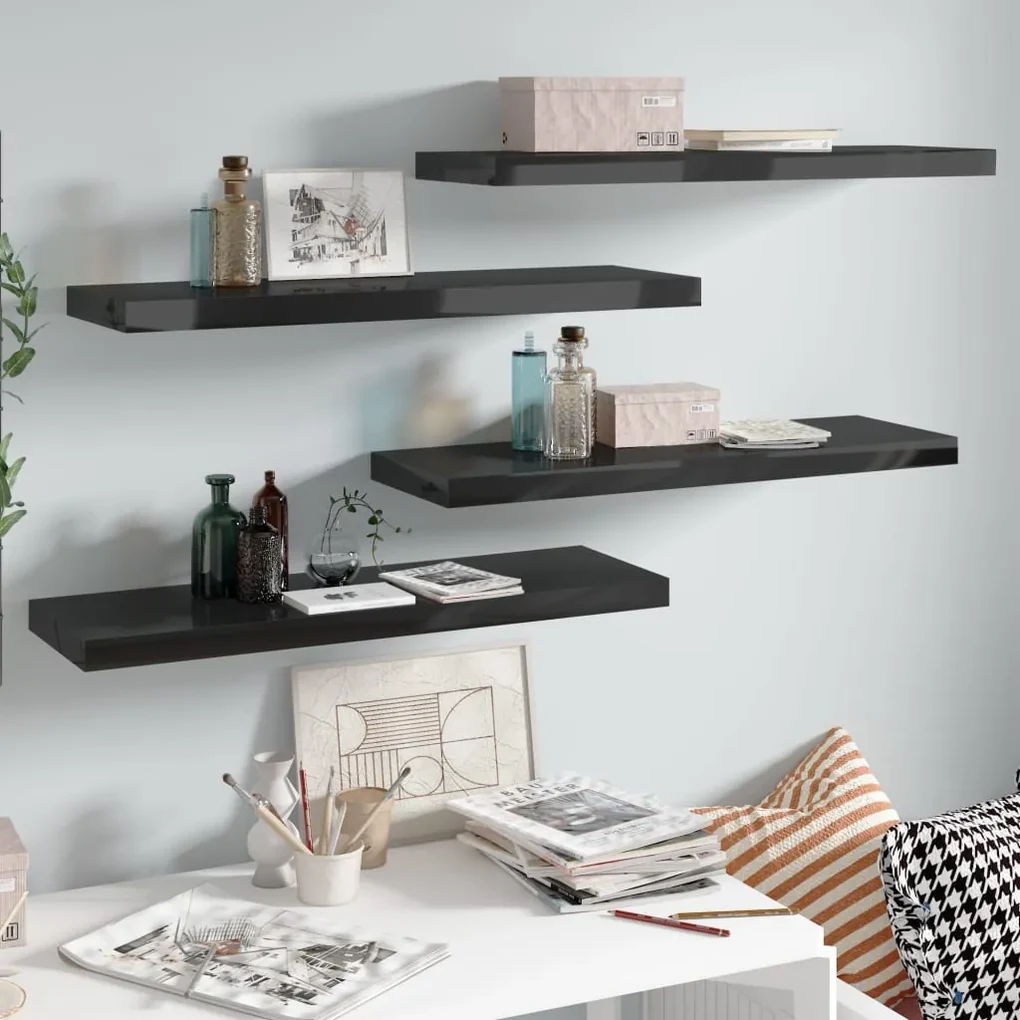 323774 vidaXL Rafturi de perete, 4 buc., negru extralucios 80x23,5x3,8 cm MDF