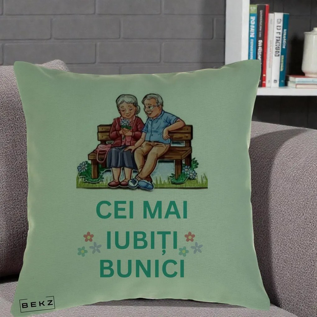 Cadou pentru Bunici - Perna Personalizata Cei Mai Iubiti Bunici Cuplu pe Banca Ilustratie, 40x40 cm, Verde, Husa Detasabila, Perna Inclusa, BEKZ®