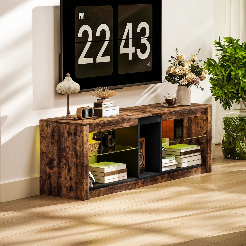 HOMCOM Mobilier TV cu lumină LED și telecomandă, rafturi și compartimente deschise, 140x35x47cm, maro | Aosom Romania