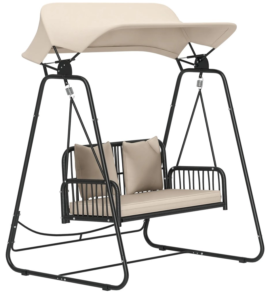Outsunny Hollywoodschaukel din ratan pentru 2 persoane, cu acoperiș reglabil, perne, cu o capacitate de încărcare de până la 240 kg, 149 x 121 x 180 cm, kaki | Aosom Romania