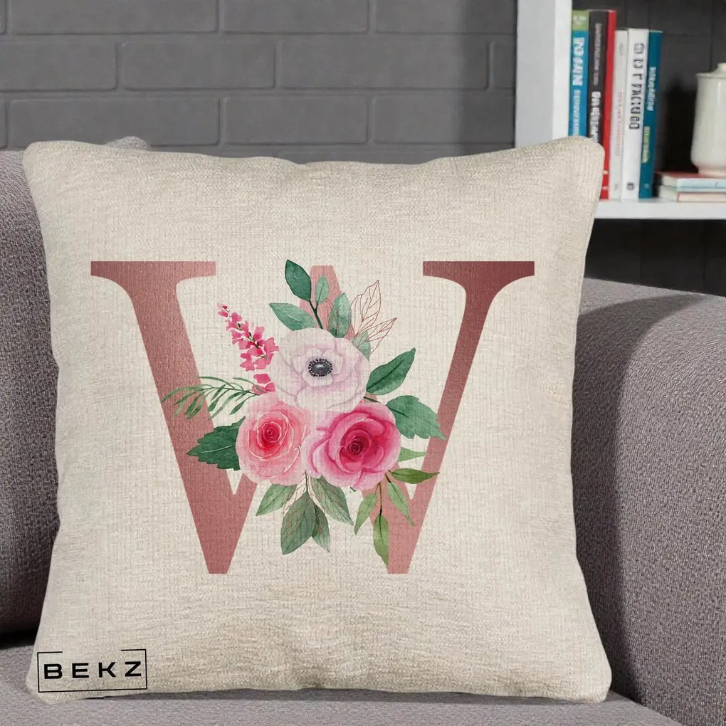 Cadou Personalizat - Perna Personalizata Monograma Rose Gold Litera W cu Trandafiri si Anemona, 40x40 cm, Bej Canapea, Husa Detasabila, Perna Inclusa, BEKZ®