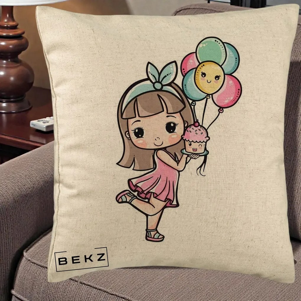 Perna Decorativa Fetita Kawaii cu Baloane si Cupcake, 40x40 cm, Bej, Husa Detasabila, Perna Inclusa, BEKZ®