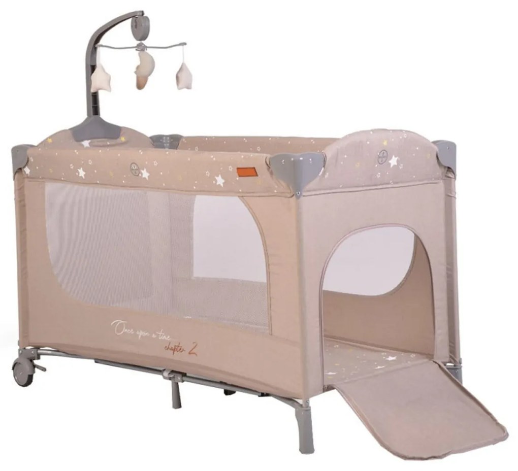 Patut pliant transformabil in tarc copii NOVOKIDS™ Onceuponatime NEST, 62X125 cm, 2 Niveluri, Jucarie Carusel muzical, Fermoar acces lateral, Bej