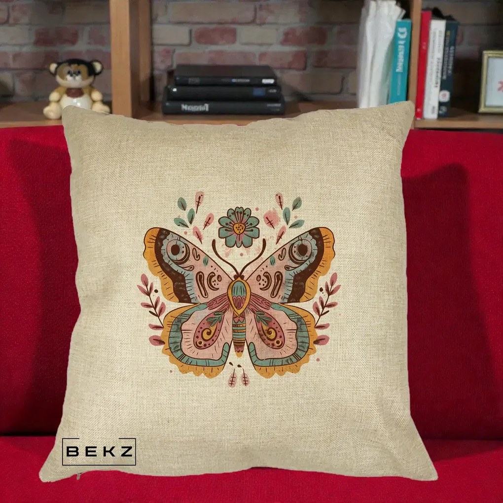 Perna Decorativa Fluture Boho Floral, 40x40 cm, Crem, Husa Detasabila, Perna Inclusa, BEKZ®