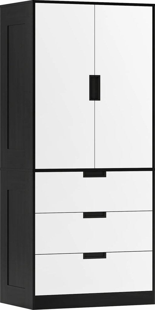 HOMCOM Dulap pentru Dormitor cu 2 Uși cu Închidere Amortizată, 3 Sertare, PAL, 80x50x180 cm, Alb și Negru | Aosom Romania