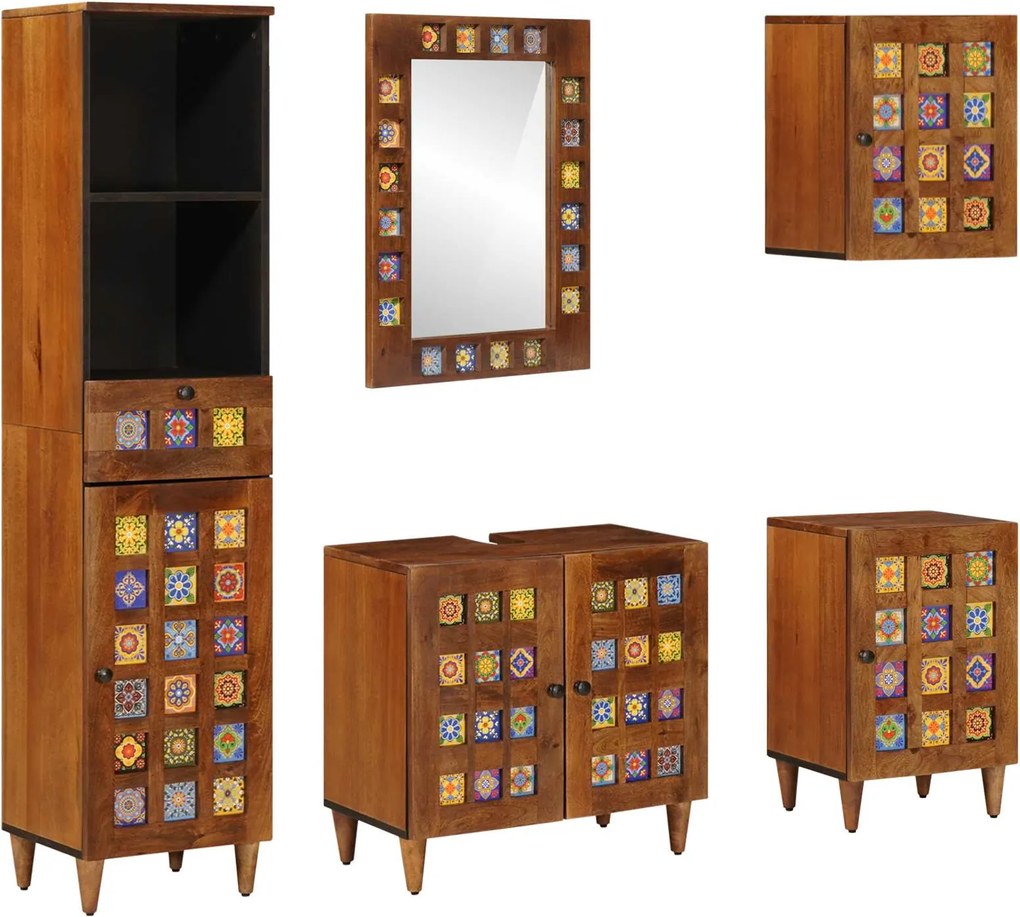 vidaXL Set de mobilier pentru baie 5 pcs castan Lemn de mango solid