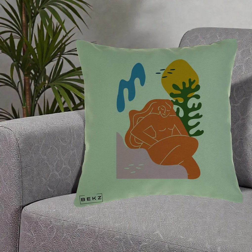 Perna Decorativa Femeie Portocalie Relaxata, 40x40 cm, Verde, Husa Detasabila, Perna Inclusa, BEKZ®