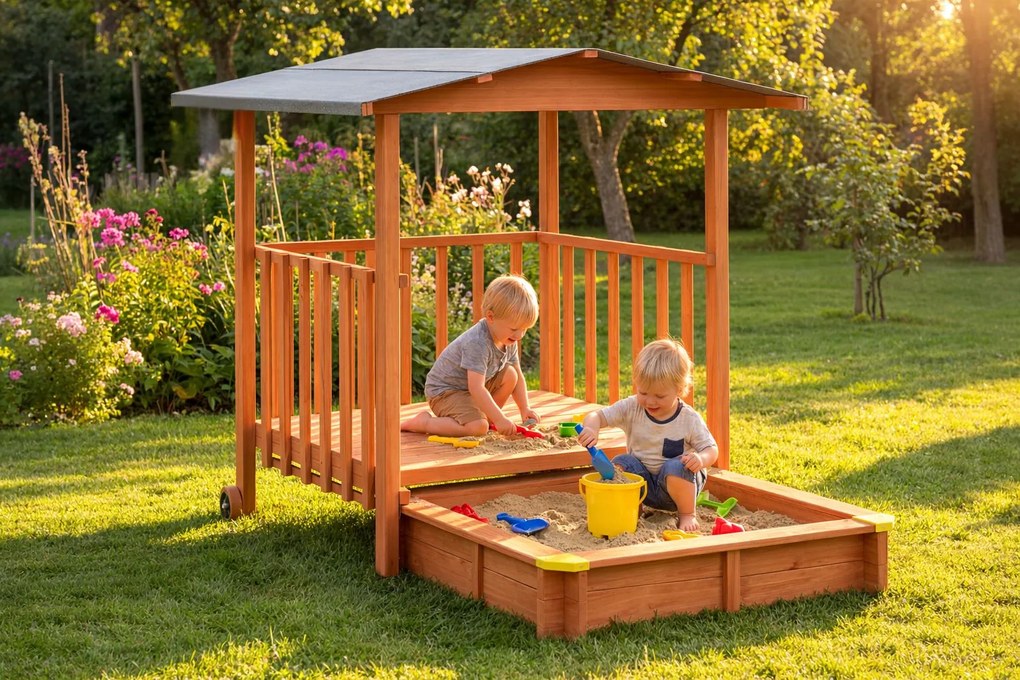 Groapa cu nisip cu verandă SUNNY, 130x130x143cm, maro/gri Jurhan