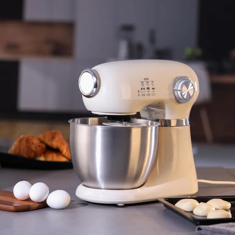 Mixer planetar Swiss Haus SH-KM2005, 1000 W, 5 l, 12 viteze, Pornire treptata, Cap rabatabil, Bol din inox, Crem