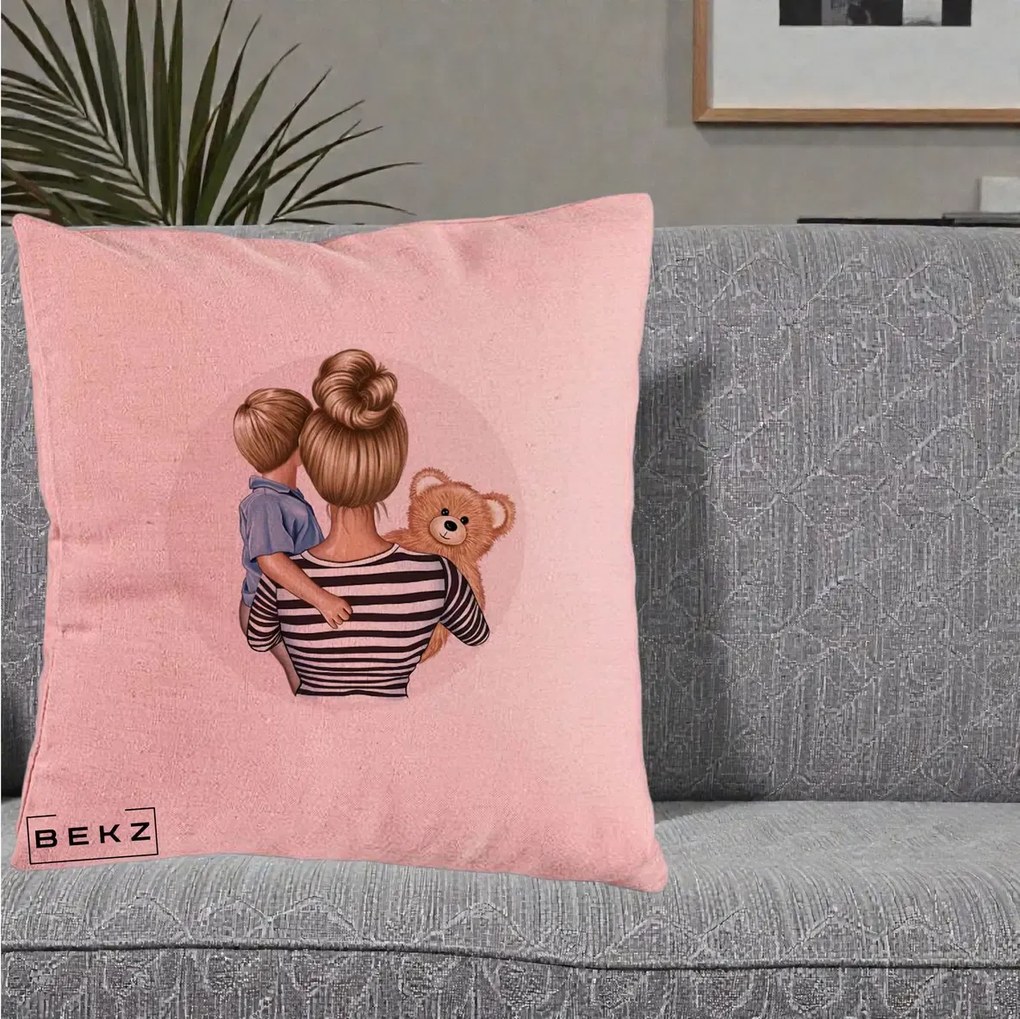 Cadou pentru Mama - Perna Personalizata Mama si Baietelul cu Ursulet, 40x40 cm, Roz, Husa Detasabila, Perna Inclusa, BEKZ®
