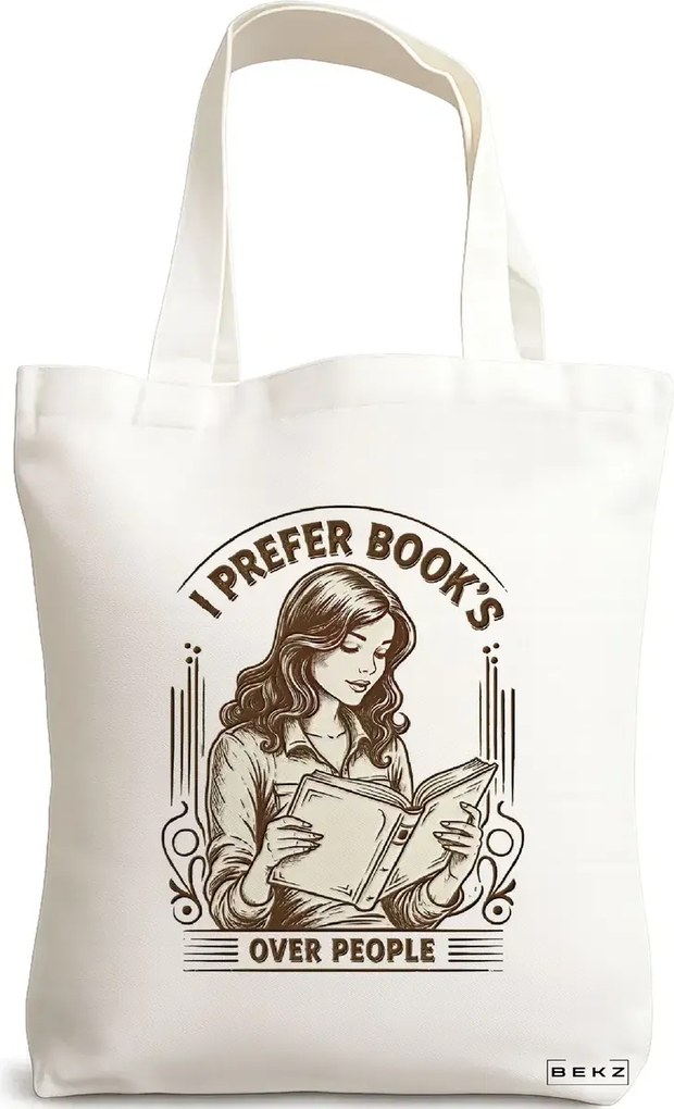 Sacosa de Panza pentru Cumparaturi, Geanta Tote, model I prefer book's over people 38 x 34.5 cm, Alba, BEKZ®