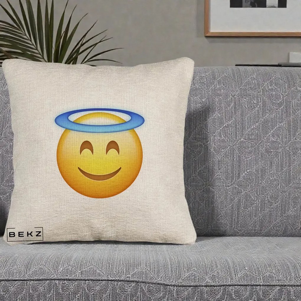 Perna Decorativa Emoji Inger cu Aureola, 40x40 cm, Bej Canapea, Husa Detasabila, Perna Inclusa, BEKZ®