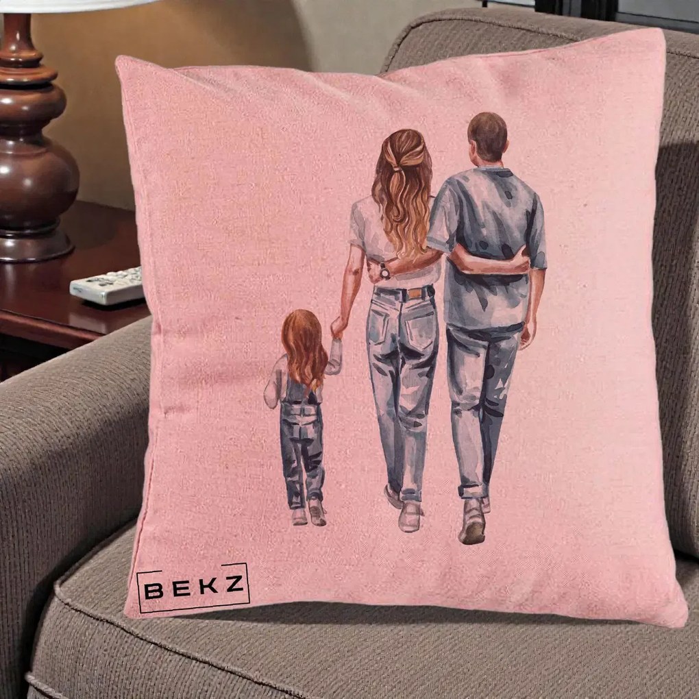 Cadou pentru Familie - Perna Personalizata Familie Acuarela Jeans, 40x40 cm, Roz, Husa Detasabila, Perna Inclusa, BEKZ®