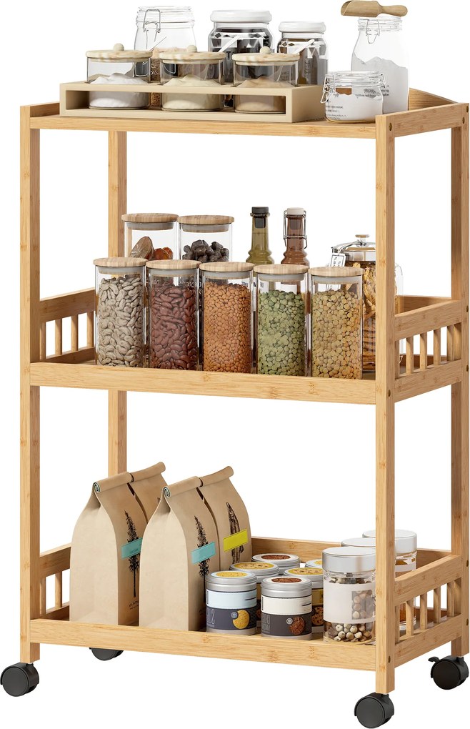 HOMCOM Cărucior de bucătărie cu 3 nivele, căruț de servire cu spațiu de depozitare, raft de bucătărie pe roți, pentru bucătărie baie birou lemn natural | Aosom Romania