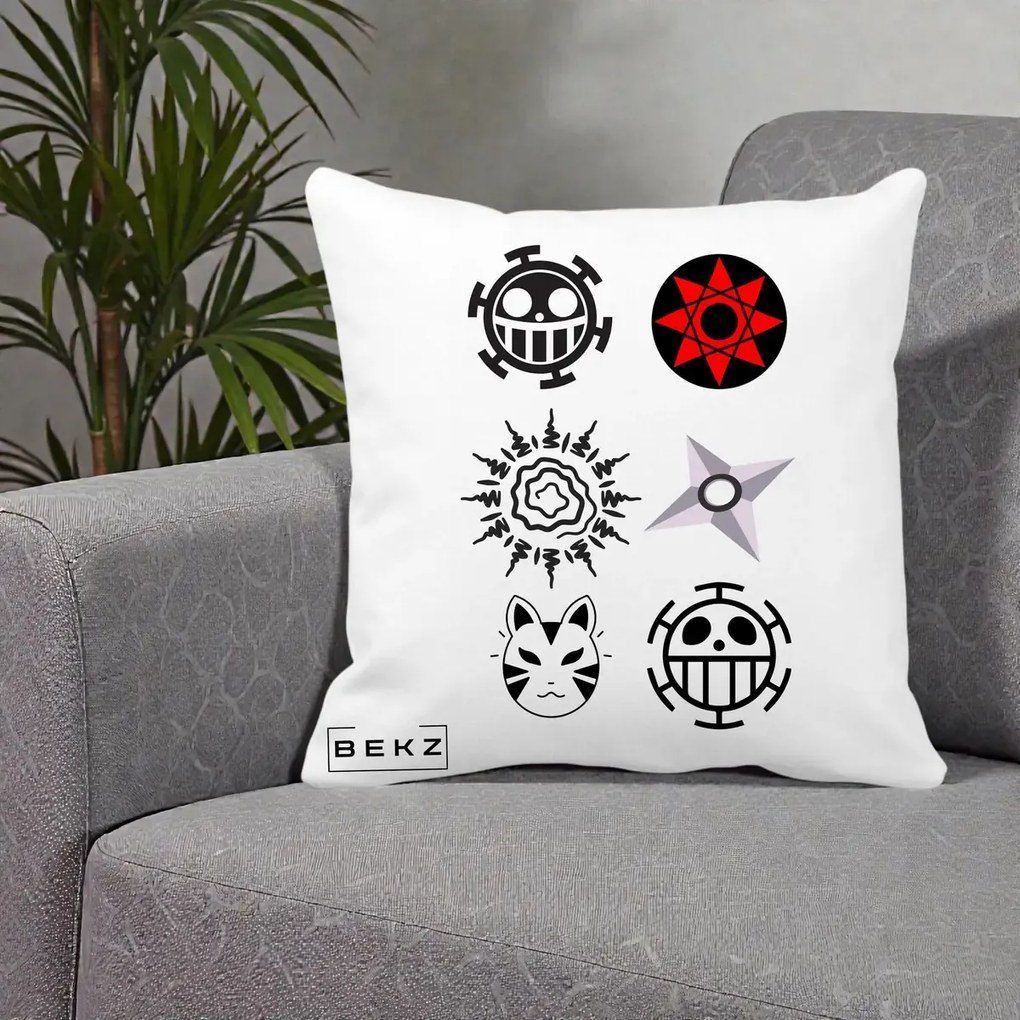 Perna Personalizata Simboluri Anime Mix - Naruto One Piece, 40x40 cm, Alba Mata, Husa Detasabila, Perna Inclusa, BEKZ®