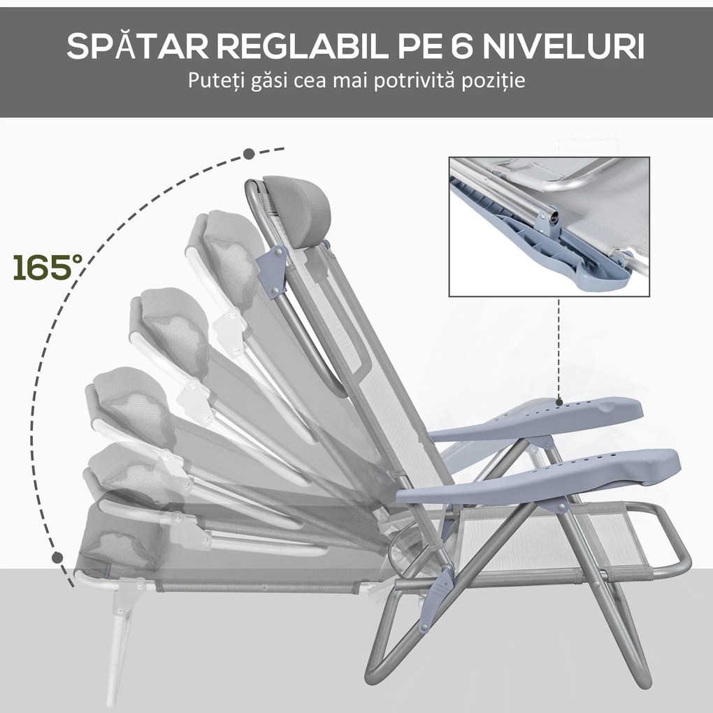 Outsunny Set 2 Scaune de Camping Pliabile cu Tetieră Căptușită și Spătar Reglabil în 6 Poziții, 62x65x80 cm, Gri Deschis | Aosom Romania