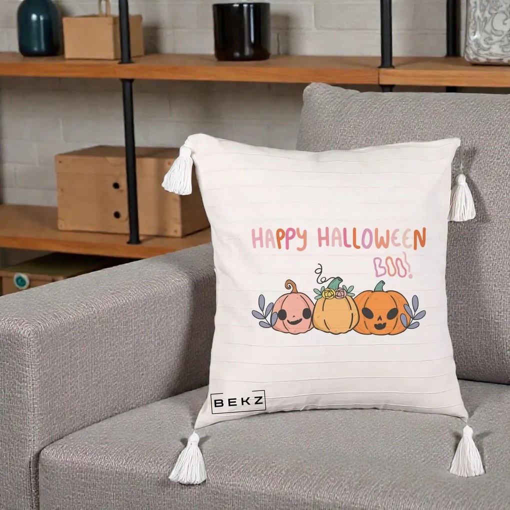 Perna Decorativa Happy Halloween Boo Trei Dovlecei Kawaii, 40x40 cm, Bej cu Franjuri, Husa Detasabila, Perna Inclusa, BEKZ®