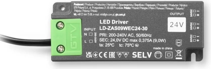 Transformator Easy Click GTV pentru bandă LED, 9W, 24V, IP20, 3 ieșiri Mini AMP, cablu 1,5 m 9 W, 24 V, 1.5 m, Plastic, Easy Click