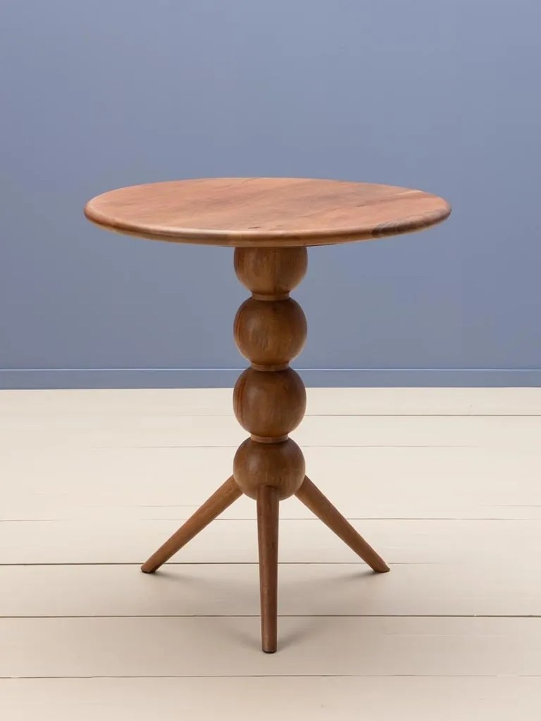 Masă dining rotundă mică din lemn de mango, maro, 2 locuri, cu picior central din sfere strunjite, 76 x 65 cm, „Bilabo”