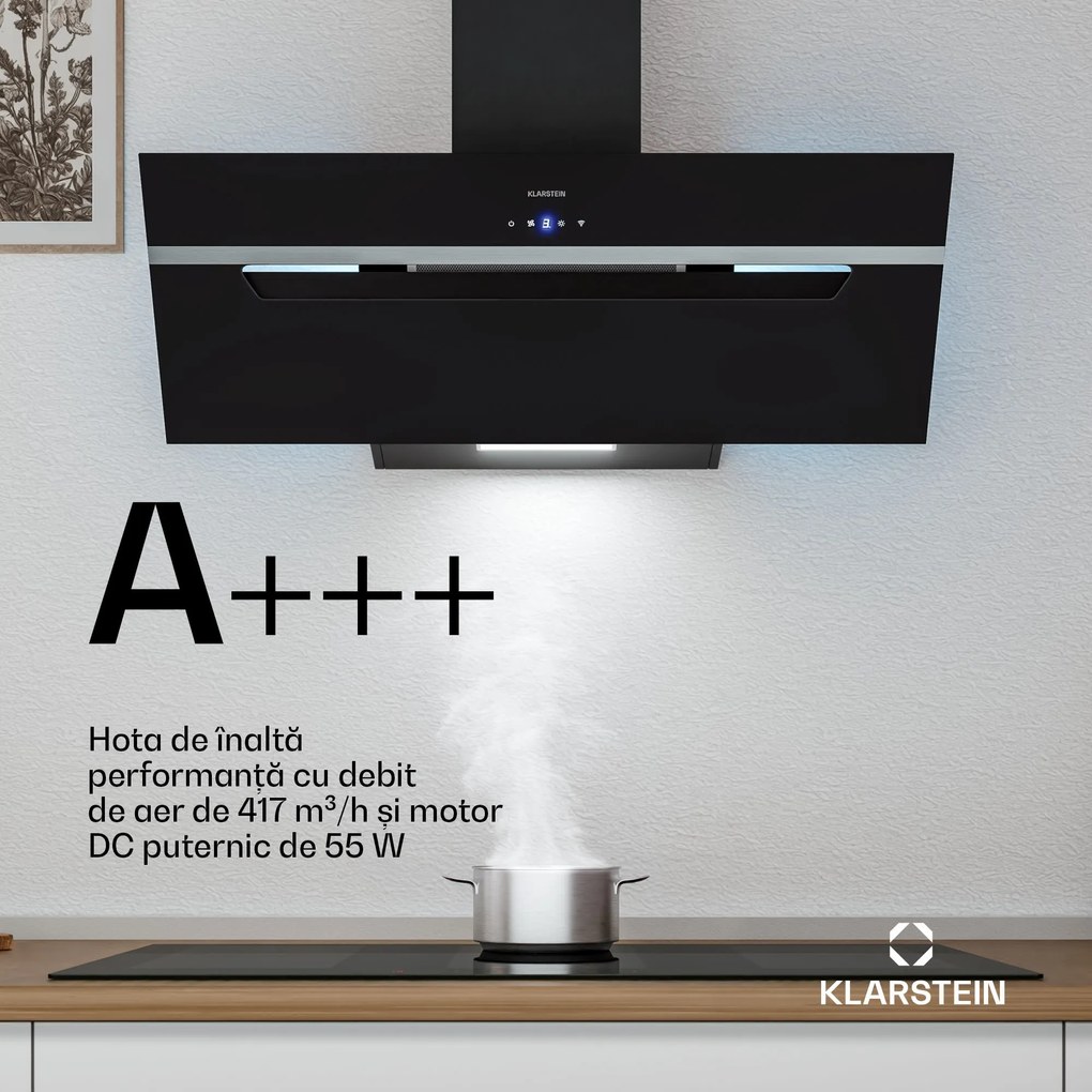 Klarstein BigBite hota înclinată | mod de evacuare a aerului și recirculare | sticlă de siguranță | 417 m³/h | 90 cm