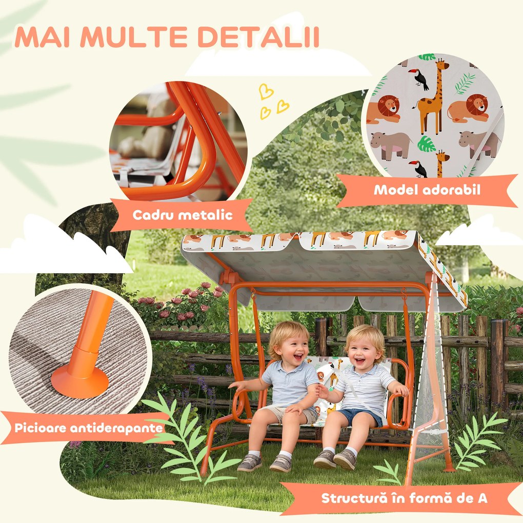 AIYAPLAY Leagăn pentru Copii cu 2 Locuri, Acoperiș Reglabil și Curele de Siguranță, Leagăn pentru Grădină și Interior din Oțel și Material Oxford, Max 60 kg, 112x75x120 cm, Portocaliu | Aosom Romania