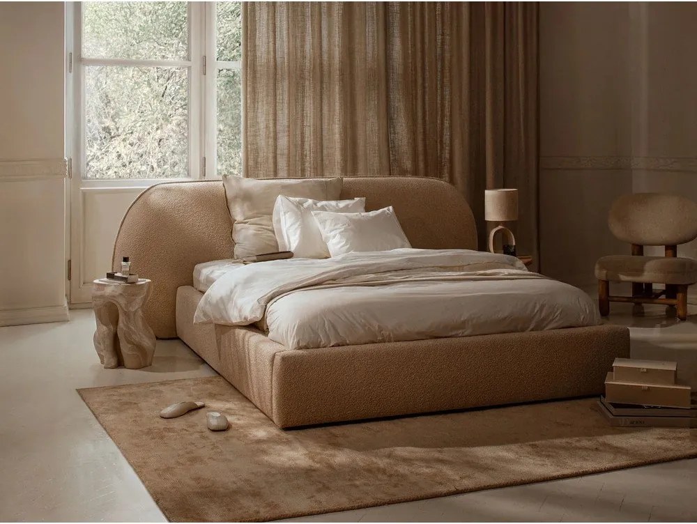 Pat matrimonial gri deschis tapițat cu spațiu de depozitare cu somieră 180x200 cm Ovalo – Micadoni