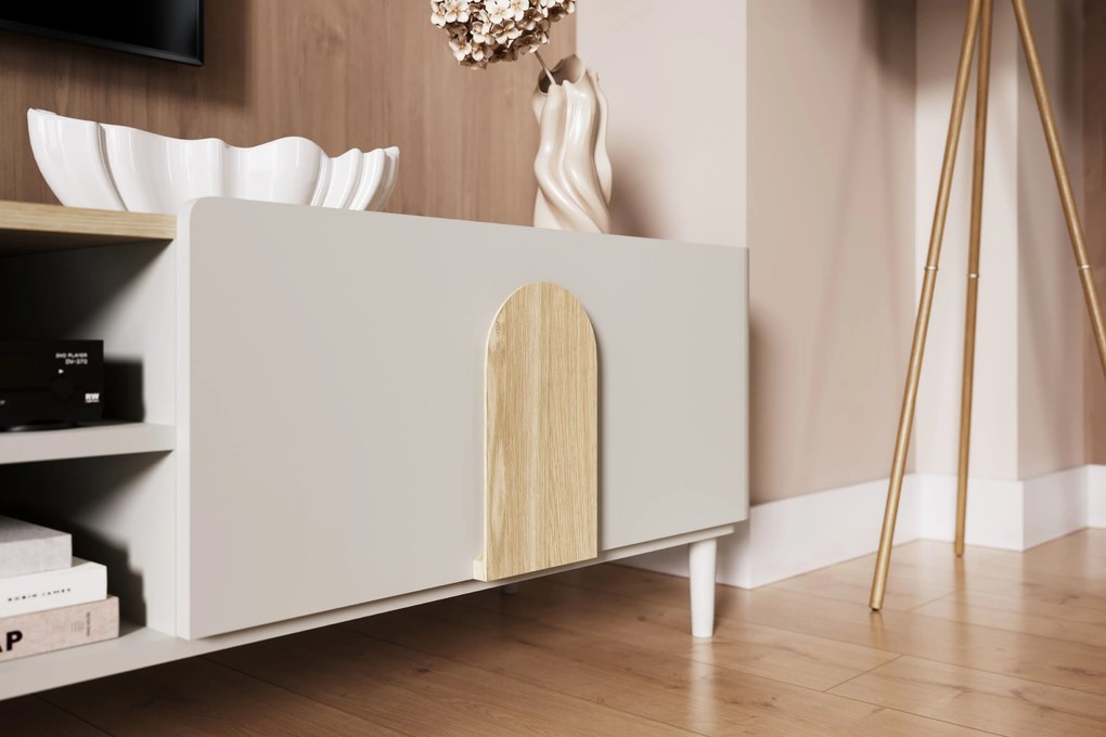 Comodă TV Amilio 220 cm cu sertar pe picioare - cashmir / stejar uleiat / mânere stejar deschis