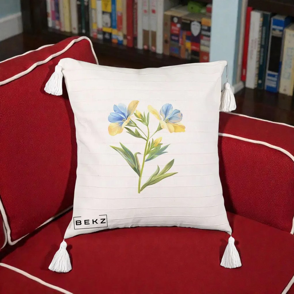 Perna Decorativa Botanica Frezie Galbena si Albastra, 40x40 cm, Bej cu Franjuri, Husa Detasabila, Perna Inclusa, BEKZ®