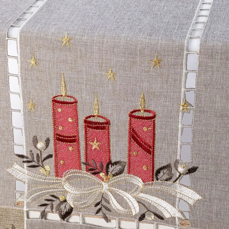 decoDoma Traversă de masă cu broderie TREI LUMÂNĂRI 40 x 110 cm