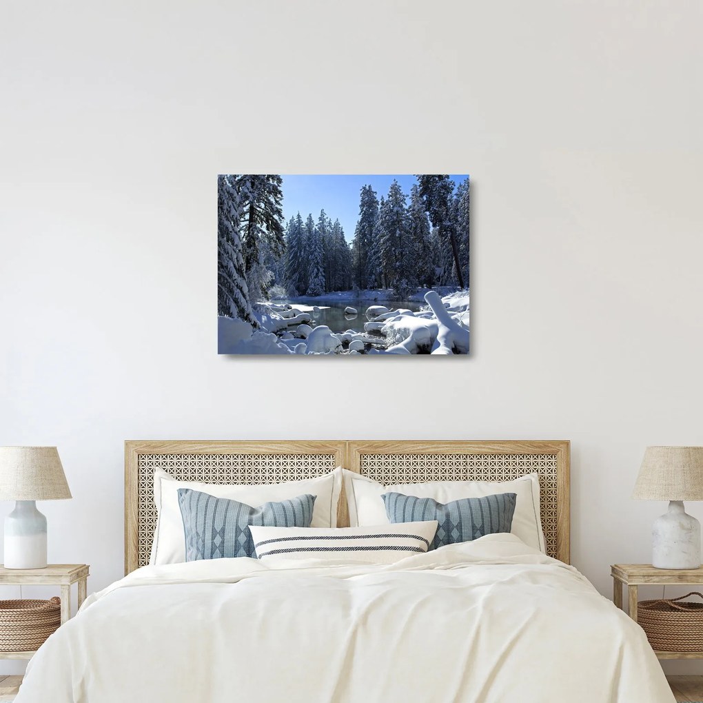 Tablou pe sticlă pădurii înzăpezite (70x50 cm)