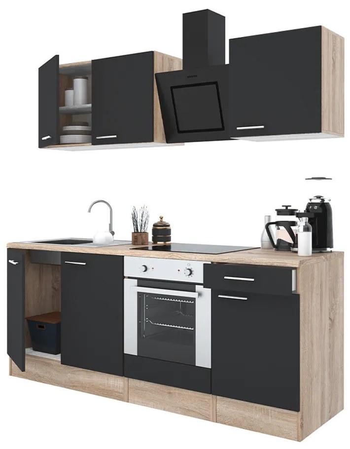 Mobilă de bucătărie Yorki 210, corp din stejar sonoma, față antracit satinat cu element inferior al cuptorului