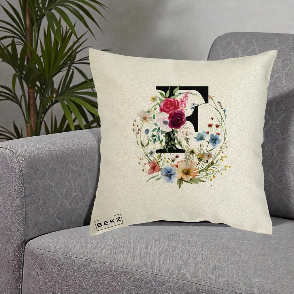 Cadou Personalizat - Perna Personalizata Monogram Litera F cu Flori Acuarela, 40x40 cm, Ecru, Husa Detasabila, Perna Inclusa, BEKZ®