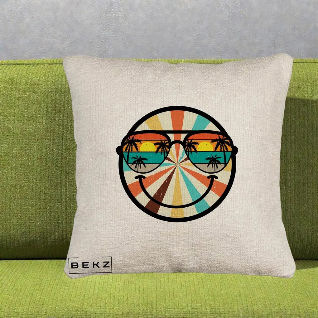 Perna Decorativa Smiley Face Retro Sunset Palmieri, 40x40 cm, Bej Canapea, Husa Detasabila, Perna Inclusa, BEKZ®