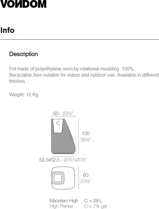 Ghiveci plante / Vaza flori exterior / interior design modern premium MOMA PLANTER HIGH 45005R Vondom