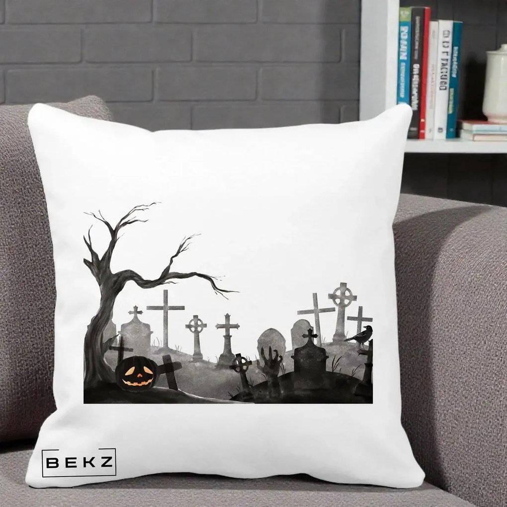 Perna Decorativa Halloween Cimitir Acuarela cu Dovleac, 40x40 cm, Alba Mata, Husa Detasabila, Perna Inclusa, BEKZ®
