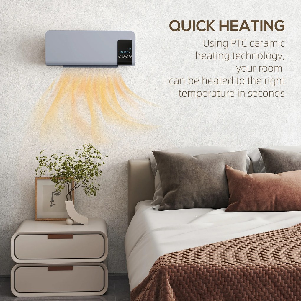 HOMCOM Ventilator Termic de Perete cu Temporizator 12h și 2 Moduri Gri | Aosom Romania